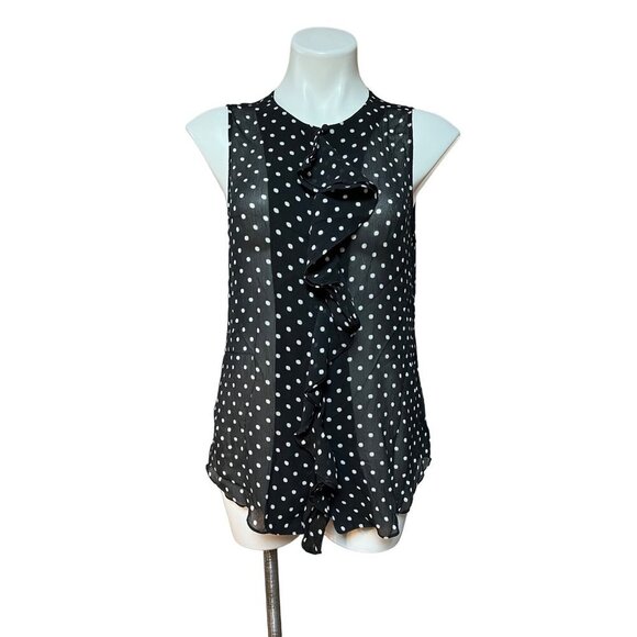 Theory Sheer Polka Dot Ruffle Front Sleeveless Top Black White Large - Picture 1 of 9